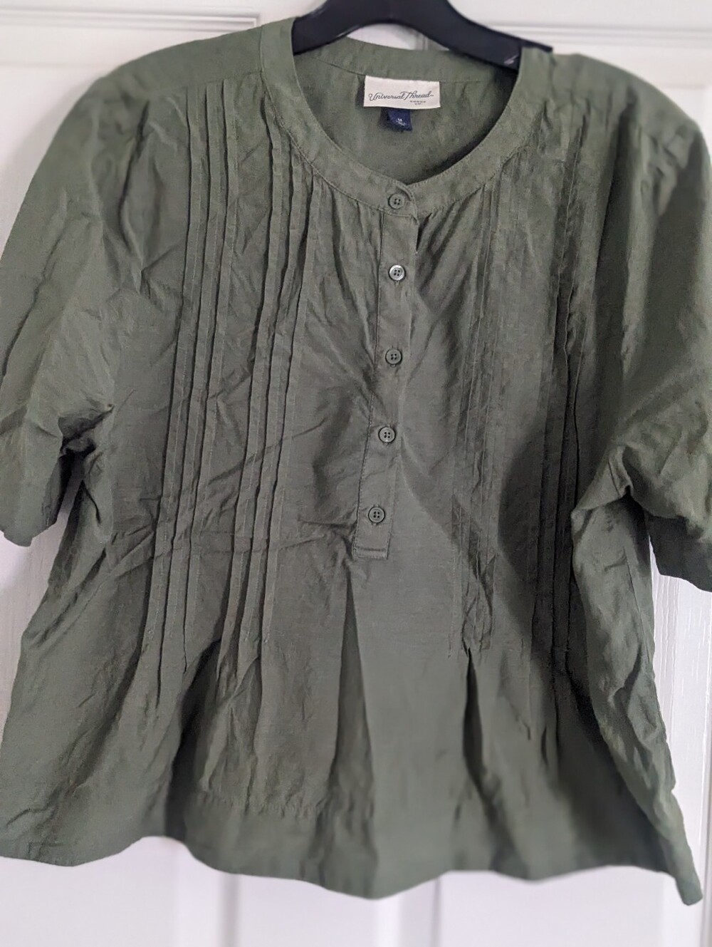 Green Pintuck Cotton Button-Front Top